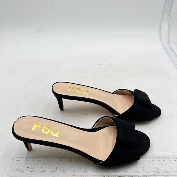FSJ Black Casual Peep Toe Thin Mid Heels Backless Summer Sandals Slide On Mules - Picture 4 of 8